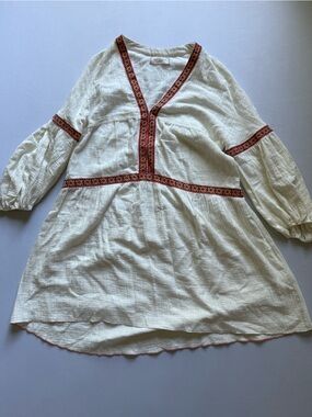 Max Studio Cream Boho Tunic with Red & Orange Embroidered Trim